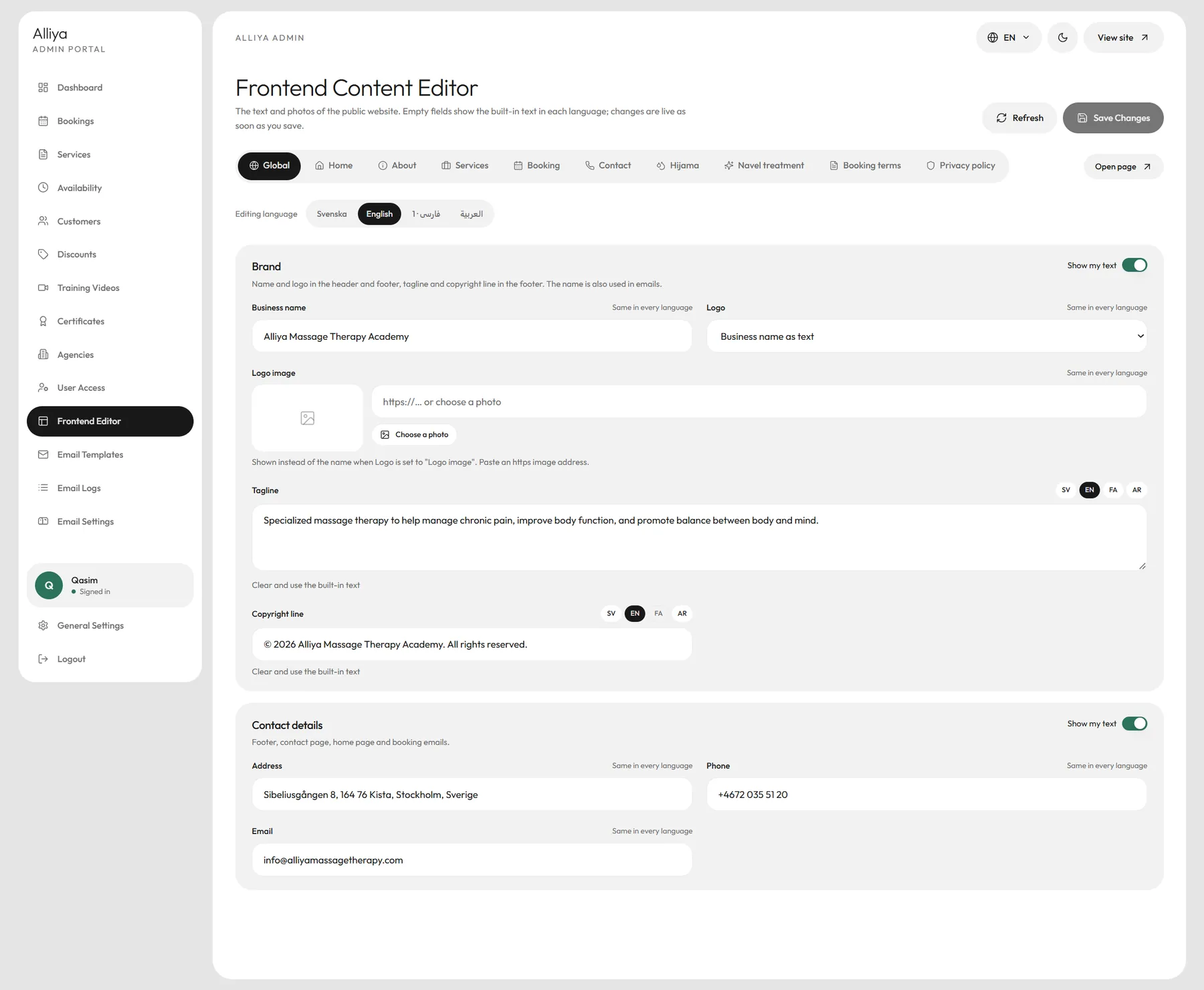 The Frontend Content Editor: tabs for the site's pages, from Global and Home to the booking terms and privacy policy, a language switch for Svenska, English, Farsi and Arabic, and the brand and contact details as editable fields.