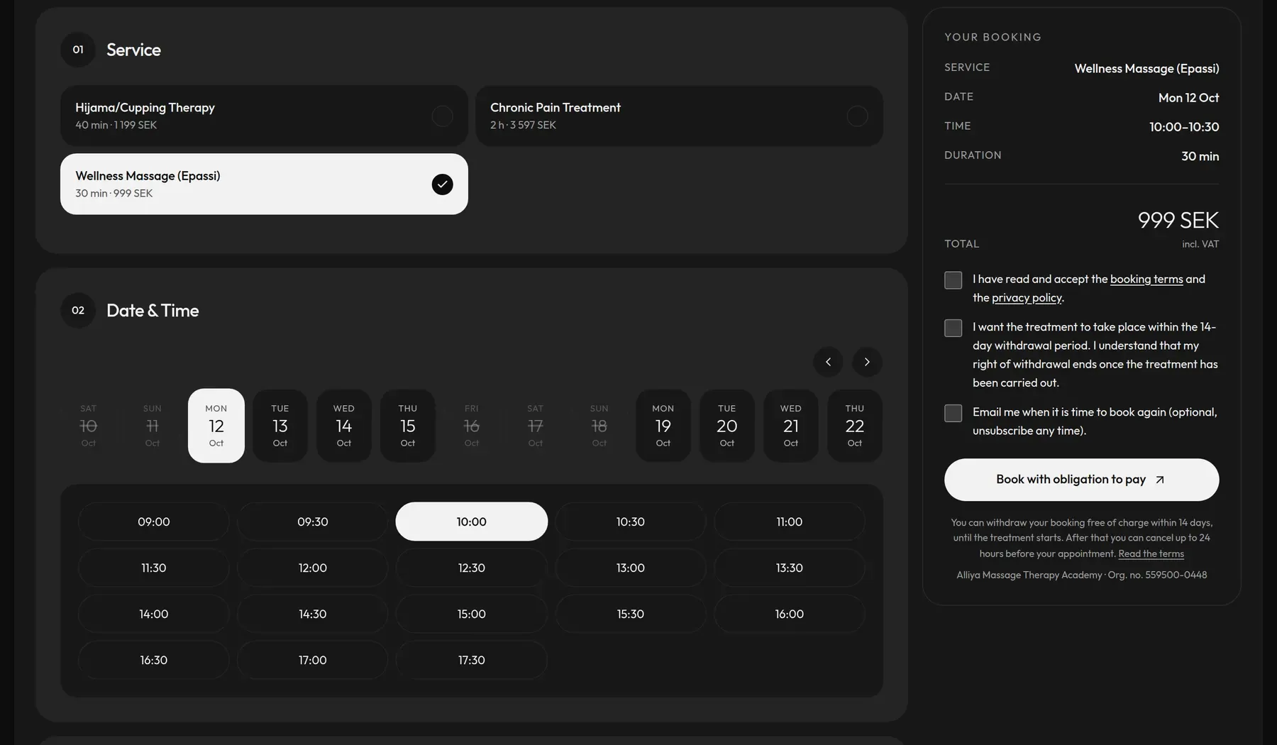 The same booking page in dark: Wellness Massage selected, Monday 12 October, 10:00 picked, and the summary showing 999 SEK.