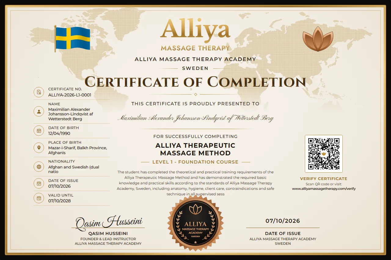 A Level 1 Foundation certificate with demo data, filled to the longest values the form allows: a details column, a QR code and a bronze seal.
