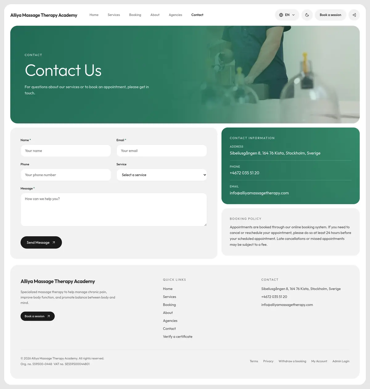 The Contact page in light: “Contact Us” on a jade gradient over a photo of a man in dark scrubs behind glass cups, a form for name, email, phone, service and message with a “Send Message” button, a jade card with the clinic's address, phone and email, and a booking policy card.