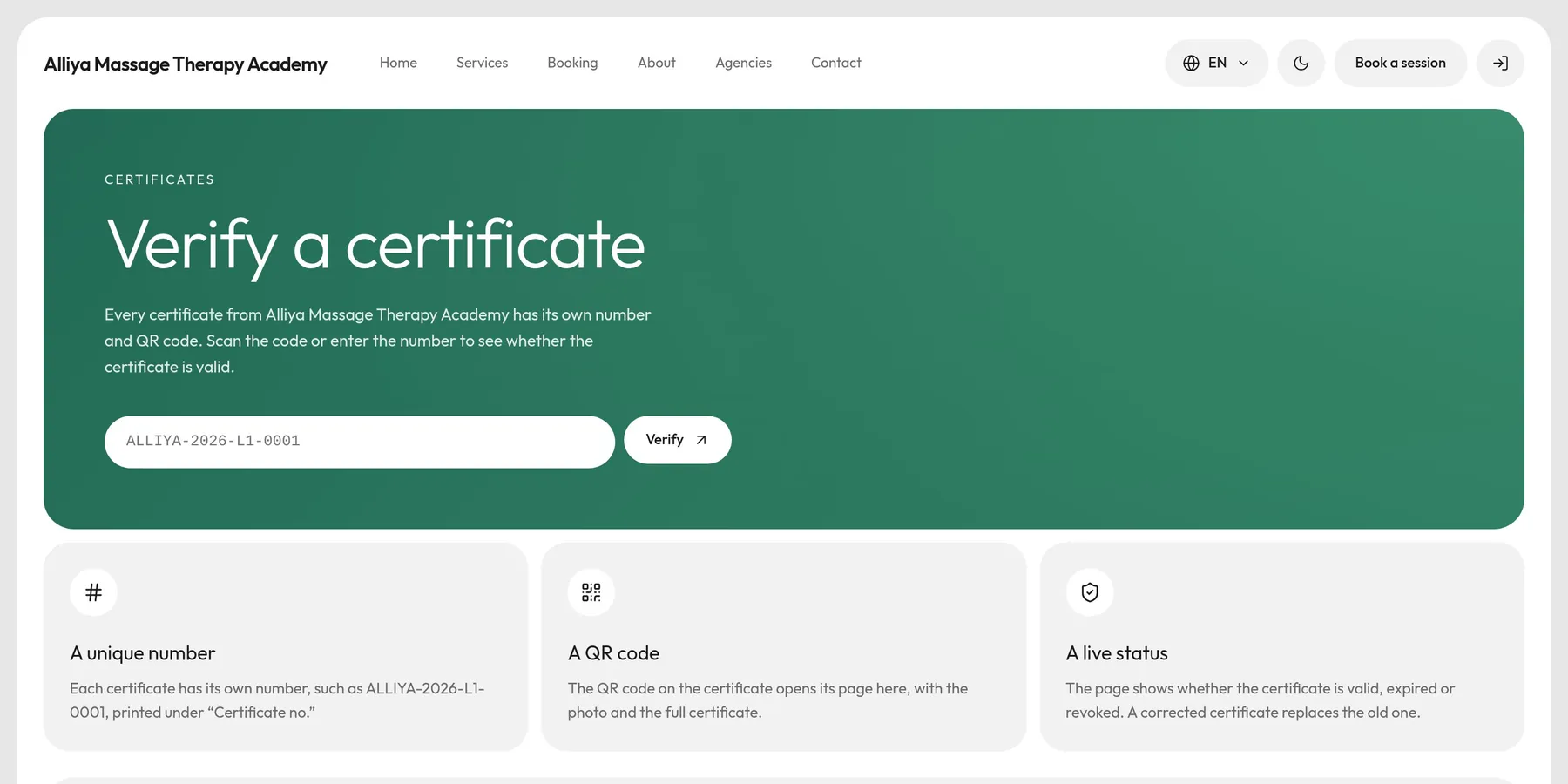 The Verify a certificate page: a jade panel with a number field showing ALLIYA-2026-L1-0001 and a Verify button, then three cards for A unique number, A QR code and A live status.