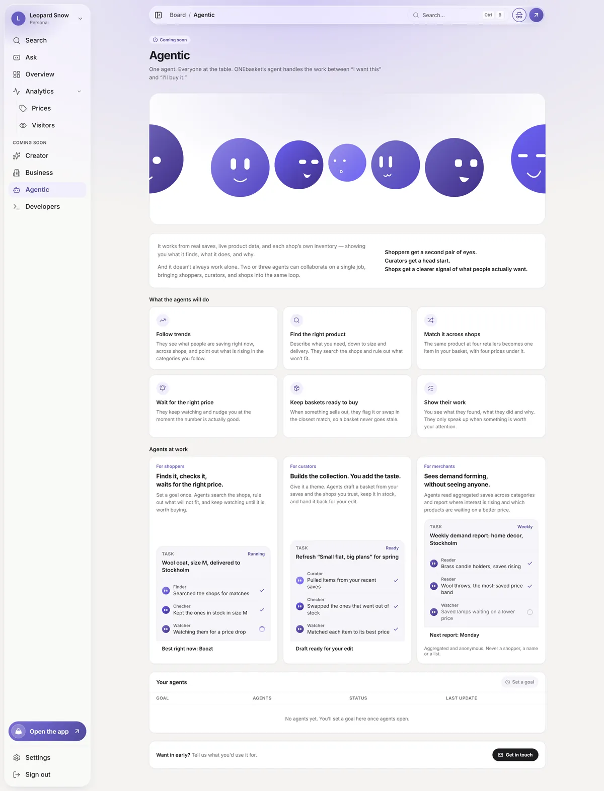 The Board’s Agentic page, marked coming soon, with example tasks for shoppers, curators and merchants.