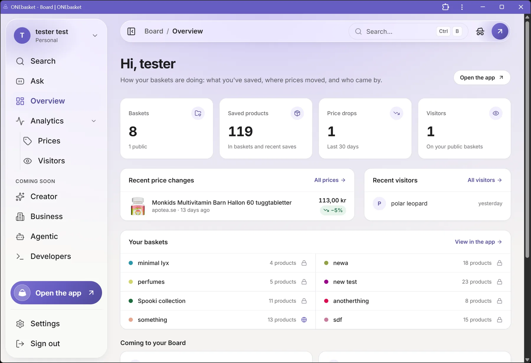 The Board overview: counts of baskets, saved products, price drops and visitors, then recent price changes and every basket.