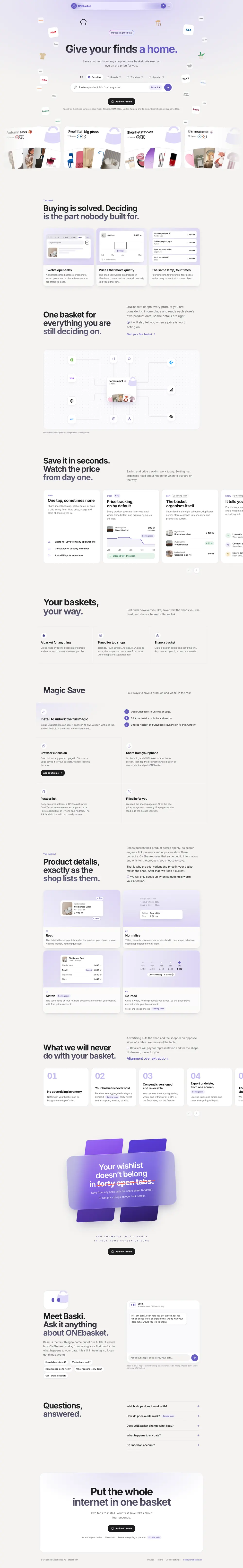 The ONEbasket landing page from top to bottom, from the “Give your finds a home” hero to Baski and the questions at the end.